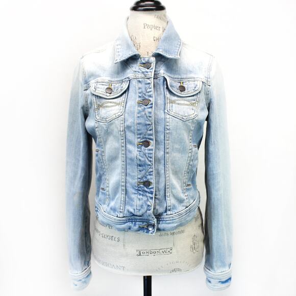 Abercrombie & Fitch Denim Jacket Y2K Button Pocket Destressing Cropped Large - Picture 2 of 7